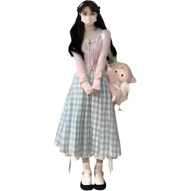 轻迎 甜美针织长袖开衫上衣修身显瘦格子半身裙裙装套装 女款