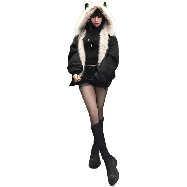 小卷要加油 麂皮毛领夹棉座山雕猫耳朵外套秋冬季加厚情侣装棉衣棉服 男女同款