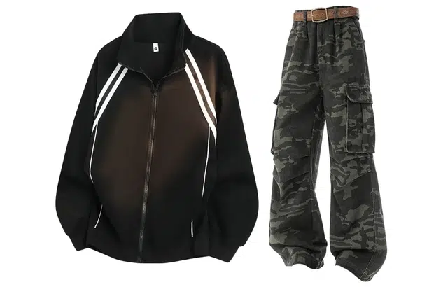 梓润格 秋冬美式重磅结构织带撞色设计感立领开衫外套复古迷彩牛仔裤打褶工装裤卫衣套装 男女同款