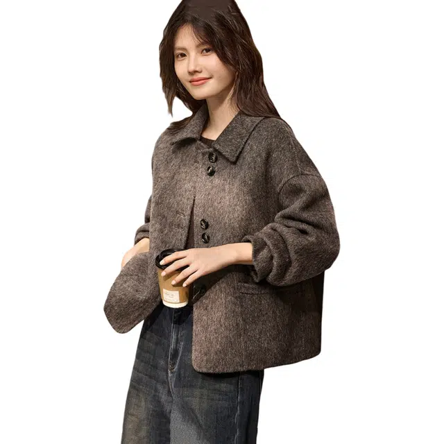 佐塞斯 高端品质轻奢美拉德羊驼毛桑蚕丝羊毛大衣秋冬气质短款毛呢截短外套 女款