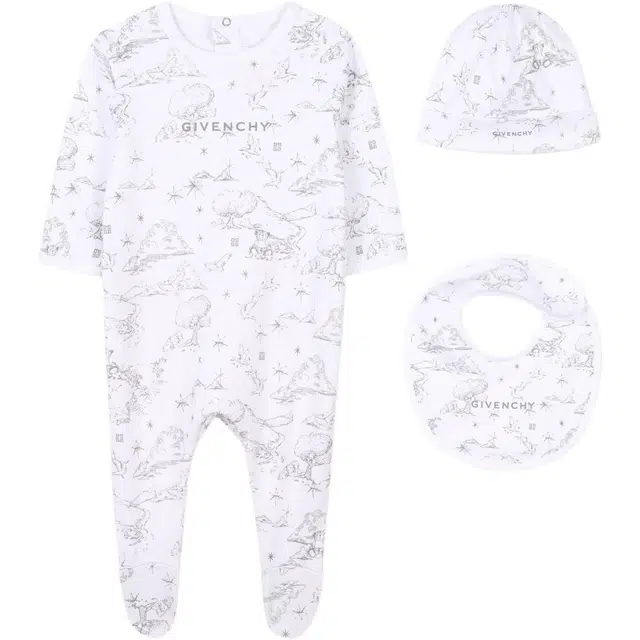 纪梵希爬服 圆领长袖长裤衣围兜帽子套装 婴幼童