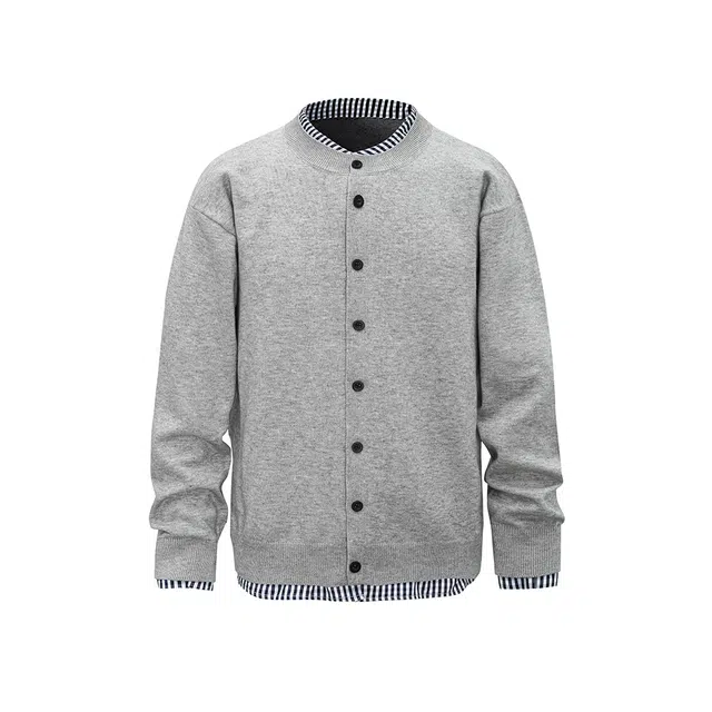 佐菲利 美式复古假两件开衫外套春秋男长袖上衣拼接撞色设计感亨利领针织衫 男女同款