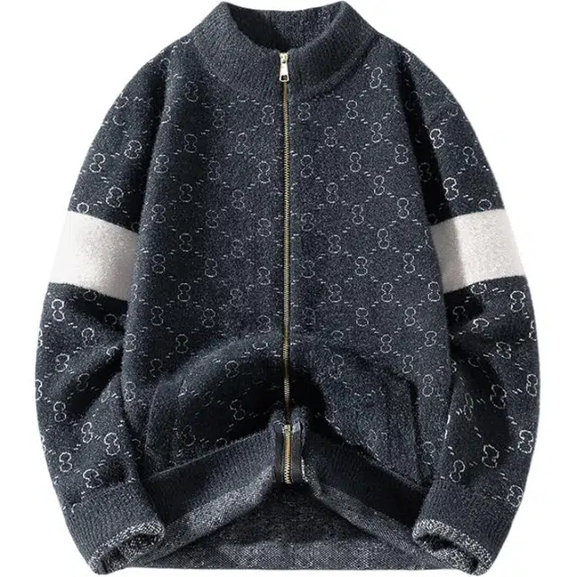 马员外 秋冬美式复古休闲宽松百搭舒适潮流开衫仿貂毛落肩圆领满印拼接印花针织衫 男女同款