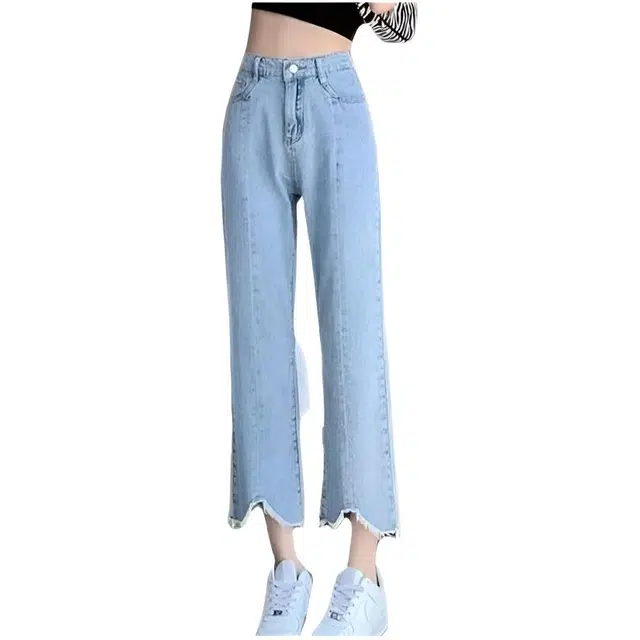 木木兔 潮流时尚秋季裤子女高腰直筒裤小个子八九分裤宽松显瘦垂感阔腿裤学生 牛仔裤 女款