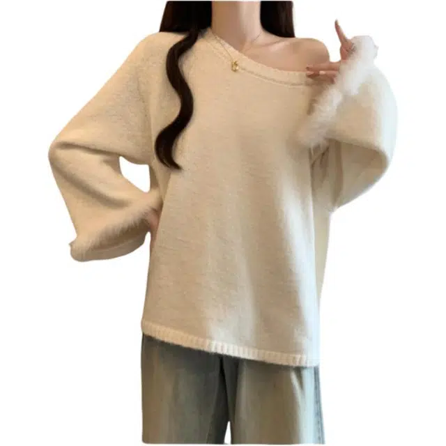 荟萃阁 高级感毛毛袖口时尚洋气质巨好看慵懒风宽松漏肩大码针织衫 女款