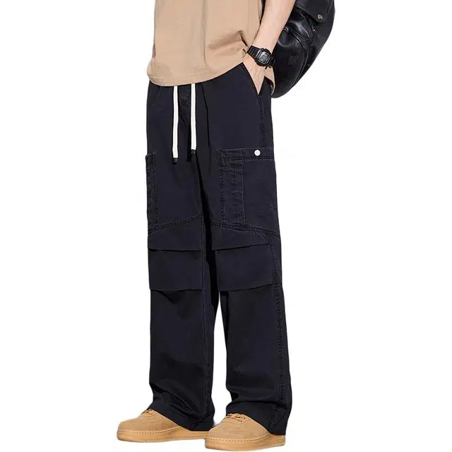 协协乐 纯棉纯色拼接氛围感春秋季美式复古潮牌宽松直筒阔腿拖地裤青少年弹力抽绳痞帅百搭工装长裤休闲裤 男款