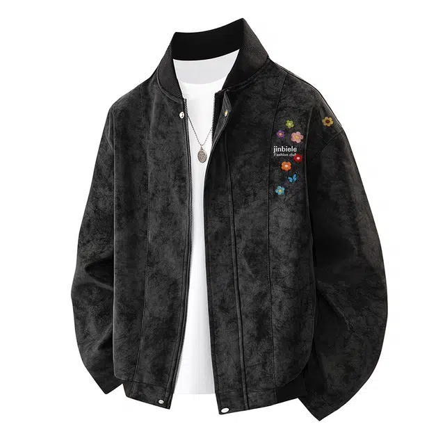 金贝勒 美式高街扎染复古设计感手绘仿刺绣小花字母印花棒球领外套潮流帅气秋装上衣基础款百搭拉链皮衣 男女同款