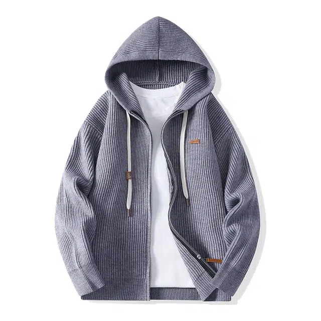 马员外 潮流慵懒风秋冬季保暖宽松连帽开衫纯色简约百搭针织衫 男款