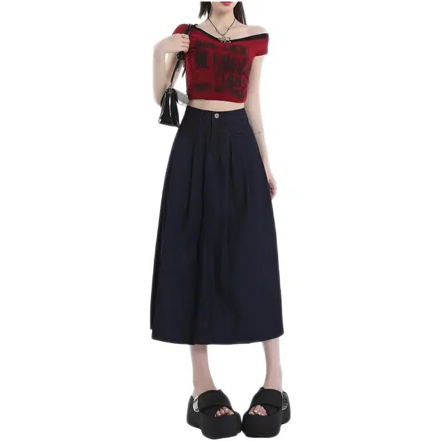 木木兔 潮流时尚裙裤八分裤高腰宽松显瘦通勤百搭简约裙子牛仔长裙 女款