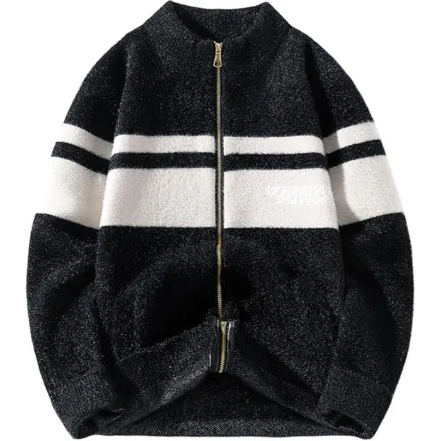 马员外 秋冬美式复古休闲宽松百搭舒适潮流开衫仿貂毛落肩拼接撞色立领针织衫 男女同款