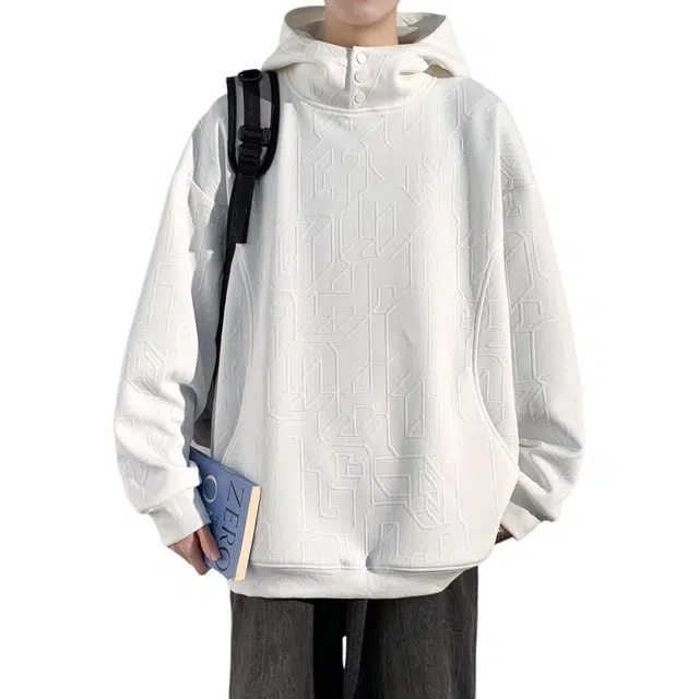 洋气先生 美式高街复古宽松舒适百搭提花肌理感排扣设计感连帽港式潮流时尚透气经典纯色休闲痞帅日常出行通勤卫衣 男女同款