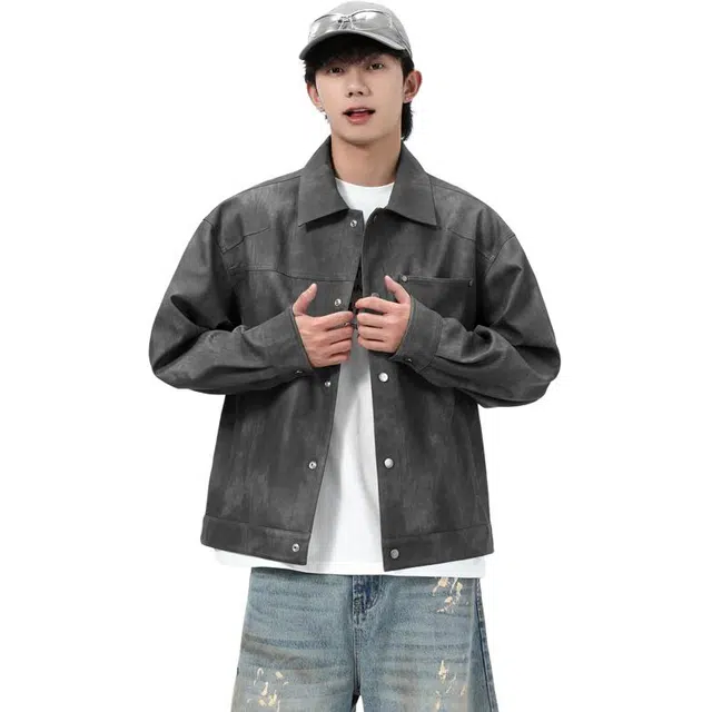 马员外 皮衣美式复古百搭时尚简约宽松长袖夹克外套 男款