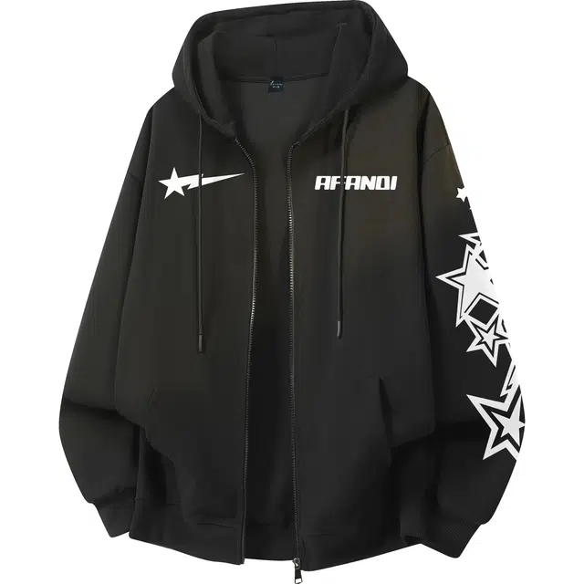 阿凡迪 美式复古街头简约基础基础星星袖子字母潮牌印花宽松舒适休闲百搭时尚潮流通勤无性别主义抽绳长袖华棉重磅连帽开衫卫衣 男女同款