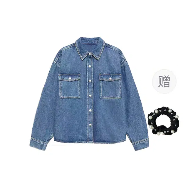 雾闪闪 倪妮同款牛仔衬衣外套宽松时尚百搭短款上衣衬衫 女款