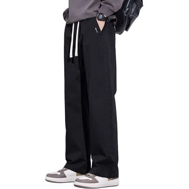 协协乐 高街风纯色氛围感美式潮牌春秋季宽松直筒阔腿青少年弹力抽绳百搭工装长裤休闲裤 男款