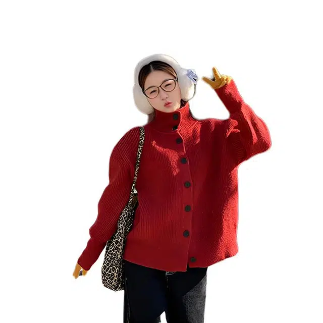 敲模女孩 韩系慵懒风翻领开衫外套高级感长袖上衣针织衫 女款