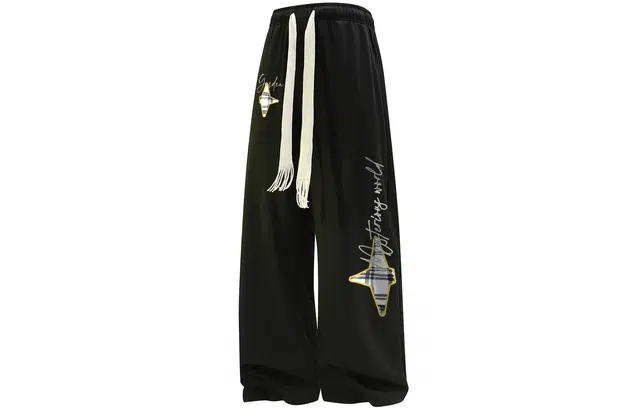 宜而爽 美式街头复古潮流创意帆布格星星字母印花抽绳系带运动卫裤宽松阔腿直筒显高垂感松紧腰拖地针织休闲裤 男女同款