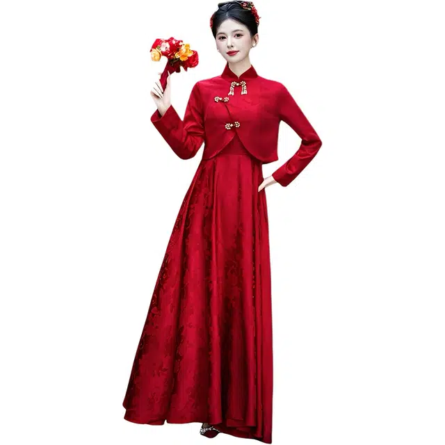 荟萃阁 新中式立领盘扣斜襟提花复古长袖上衣简约半身裙裙装套装 女款