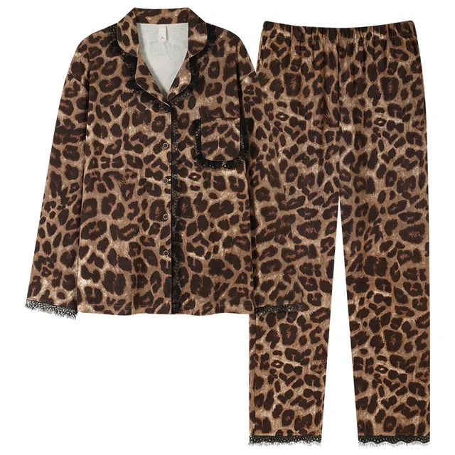俏霓桐 时尚轻奢复古豹纹翻领简约高级感优雅蕾丝长袖长裤家居服可外穿睡衣套装 女款