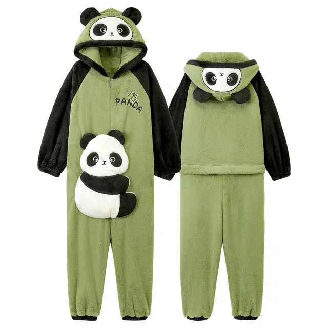 俏霓桐 冬季保暖蓄温加厚加绒连帽可爱卡通熊猫甜美长袖上衣可外穿长裤家居连体衣 女款