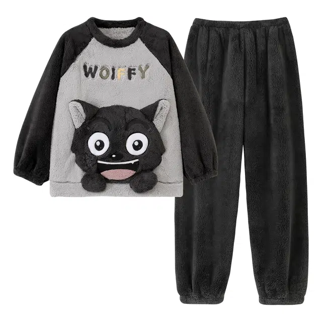 俏霓桐 冬季撞色保暖蓄温加厚加绒可爱卡通圆领长袖长裤家居服可外穿睡衣套装 男款