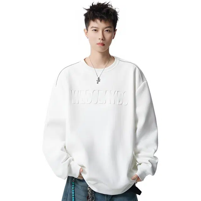 佐菲利 美式钢印圆领男秋重磅休闲拼接打底衫高街设计感情侣宽松内搭卫衣 男女同款