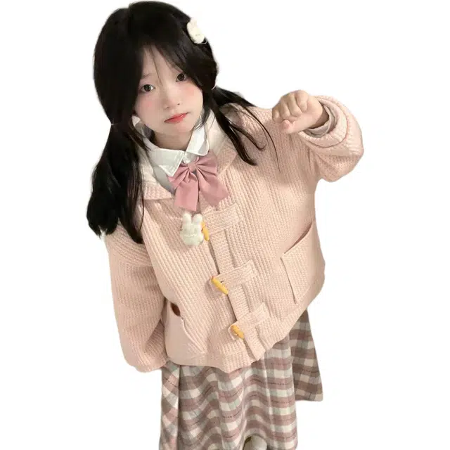 小卷要加油 甜美奶系减龄可爱连帽长袖开衫毛衣秋冬学院风高腰格纹半身裙两件套裙装套装 女款