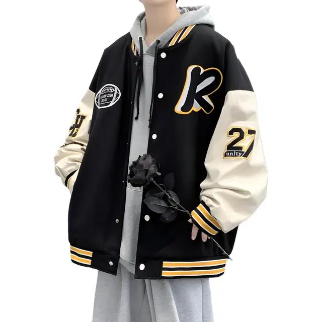 寻星记  美式韩系青春校园高街拼接撞色字母刺绣条纹橄榄球设计夹克学生党百搭潮流时尚街头痞帅宽松学院风棒球服 男女同款