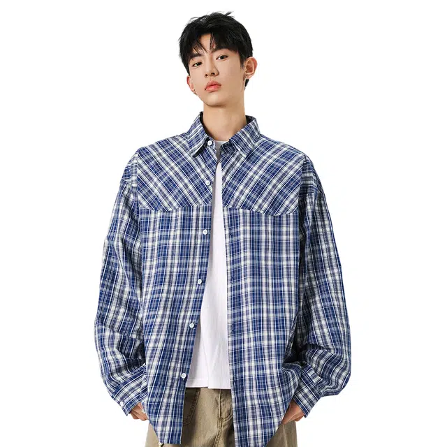 顶峰保罗 少年感纯棉格纹衬衣外套无性别主义宽松大码潮牌美式休闲长袖古巴领上衣简约百搭高街复古衬衫 男女同款