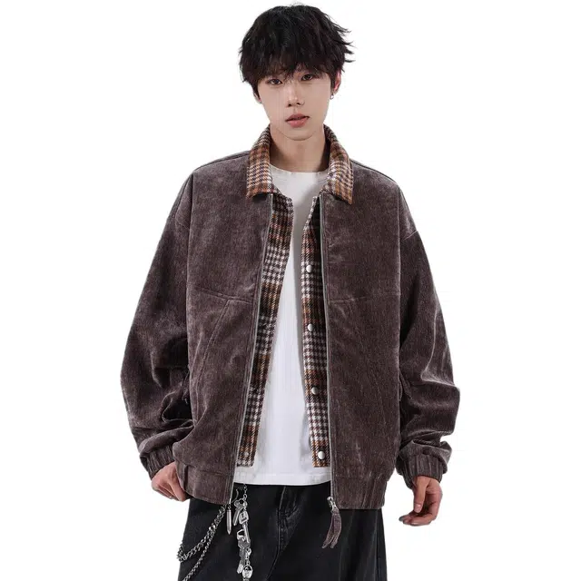 马员外 休闲潮流双色格子灯芯绒宽松翻领百搭时尚简约夹克 男款