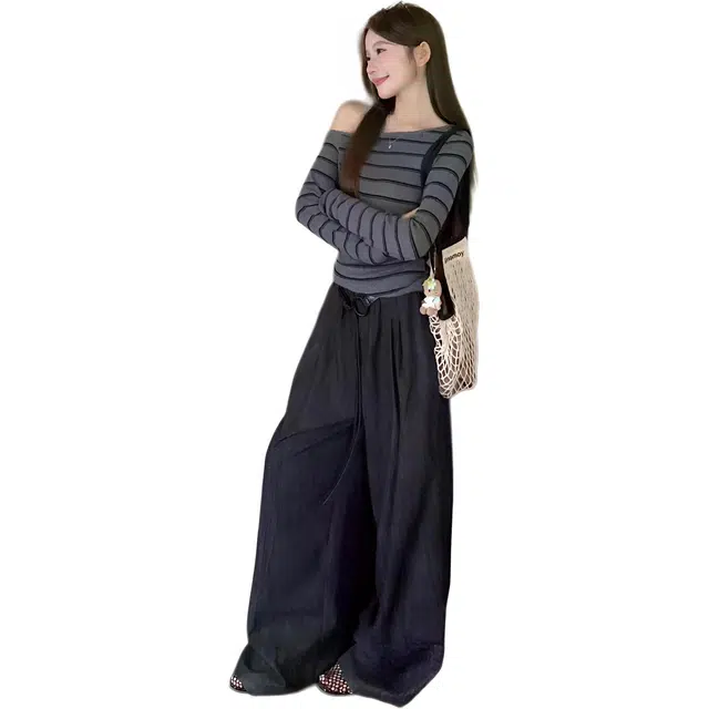 轻迎 复古慵懒时尚斜肩条纹上衣阔腿裤两件休闲套装 女款