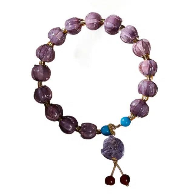 仙园韵 荷花好运连连 粉玉女生暮山紫莲花好运串珠转运珠 琉璃 手串 女款