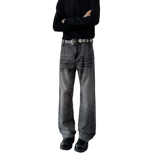 华夏儿女 潮牌美式秋季复古高街微喇猫须纹设计时尚潮流显高显瘦水洗做旧直筒阔腿宽松百搭日常通勤学生党中腰弯刀长裤牛仔裤 男款