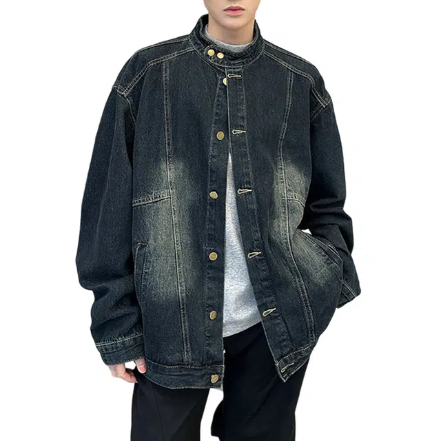 冈哉 解构纽扣拼接立领做旧设计美式高街复古水洗基础款痞帅宽松休闲舒适百搭牛仔外套 男女同款