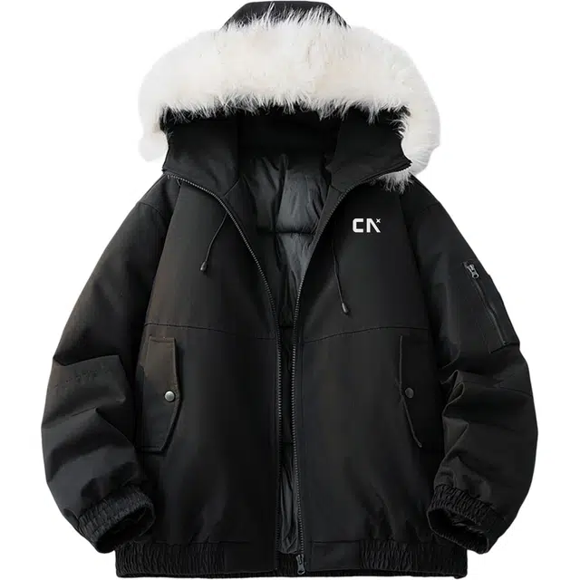 中国航天 时尚潮流百搭美式纯色基础款潮牌工装宽松休闲运动品牌字母印花防寒保暖加厚加绒秋冬派克服夹克毛圈连帽棉服外套 男女同款