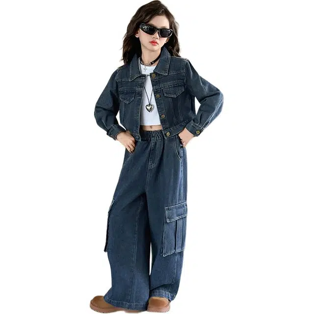 蓝彩何休闲运动套装 女童秋季韩版工装牛仔装女大童时髦洋气儿童秋装潮酷两件套