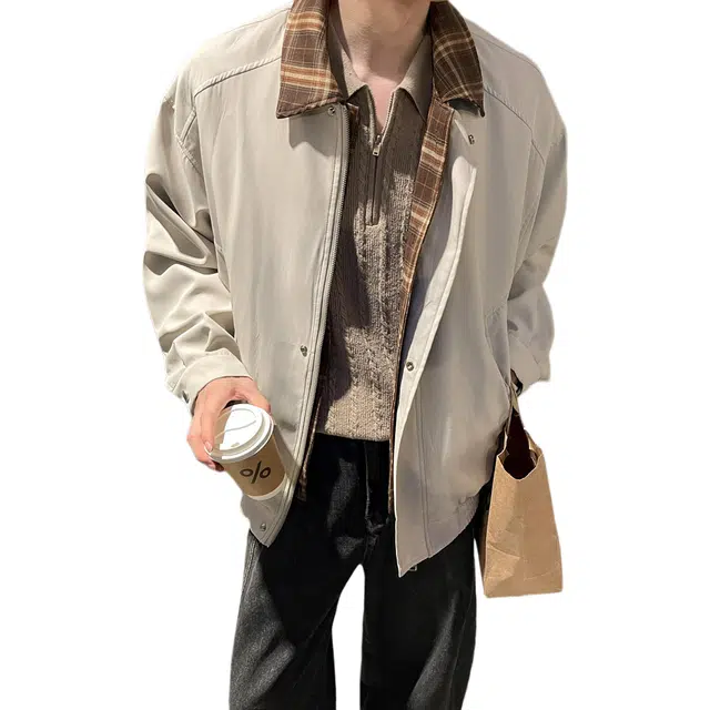 冈哉 假两件飞行美拉德穿搭格纹拼接棒球服春秋季拉链大码宽松休闲个性百搭舒适高街潮流户外日常通勤夹克 男女同款