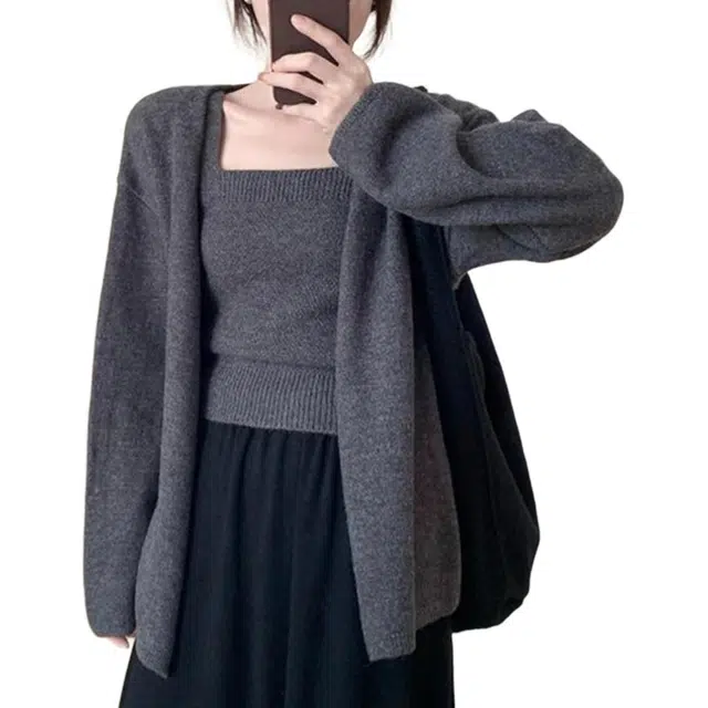 敲模女孩 韩系学院风吊带背心时尚气质叠穿开衫两件套针织衫 女款