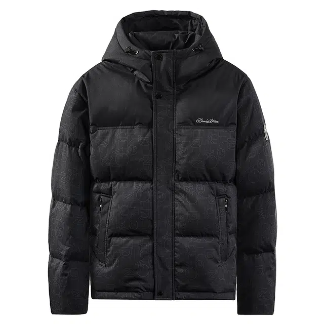 与狼共舞 抗寒防风高充绒垂感时尚满印字母潮流加高立领连帽户外休闲舒暖加厚面包羽绒服 男款