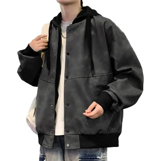洋气先生 美式复古潮流做旧假两件设计连帽拉链长袖宽松休闲舒适保暖防风日常户外通勤徒步无性别主义简约百搭皮衣外套夹克 男女同款