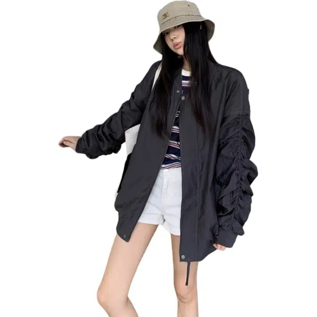 轻迎 美式设计感褶皱立领棒球服外套宽松休闲显瘦百搭上衣夹克 女款