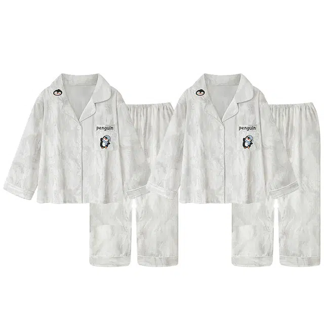 俏韵 翻领卡通春秋季冰丝休闲长袖长裤甜美舒适薄款家居服可外穿睡衣套装 男女同款