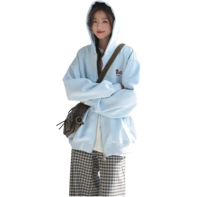 荟萃阁 韩系格子拼接腊肠狗刺绣外套慵懒宽松开衫卫衣 女款