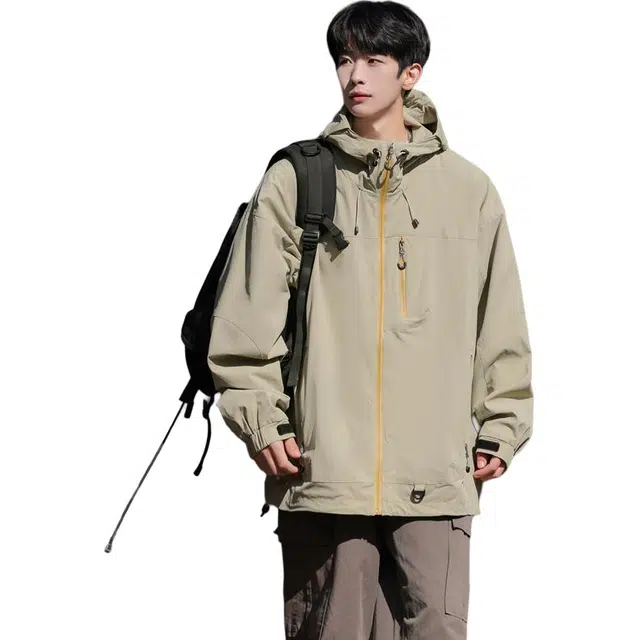 左岸 美式潮牌撞色拼接反光开衫带帽工装上衣宽松休闲舒适山系户外防水防风冲锋外套夹克 男款
