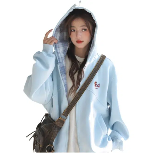 荟萃阁 韩系格子拼接腊肠狗刺绣外套慵懒宽松开衫卫衣 女款