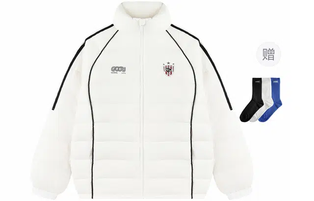 港仔文艺男 白鸭绒轻薄轻量化三条杠美式复古撞色拼接反光条纹字母印花徽章小标保暖立领插肩休闲百搭潮流宽松排骨羽绒服 男女同款