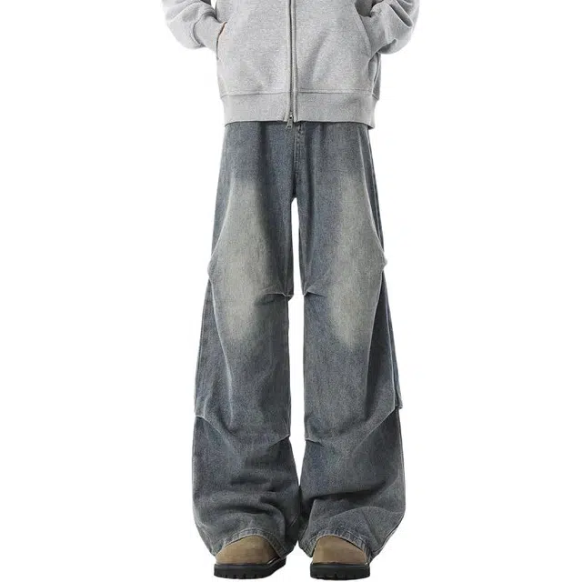 佐菲利 美式水洗做旧高街褶皱伞兵裤子潮牌宽松直筒长裤牛仔裤 男女同款