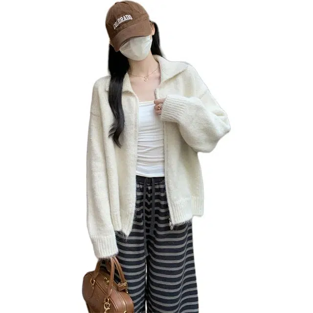 敲模女孩 韩系慵懒风拉链开衫翻领外套加厚宽松保暖上衣针织衫 女款
