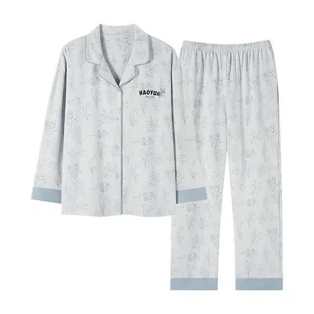 芬腾可安 春秋设计感柔软亲肤翻领纯棉优雅开衫简约时尚家居服睡衣套装 女款