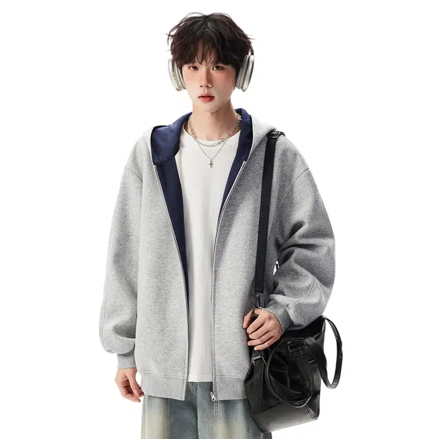 顶峰保罗 美式复古潮牌纯色开衫重磅连帽外套无性别主义痞帅休闲运动宽松大码夹克上衣简约百搭高街长袖卫衣 男女同款